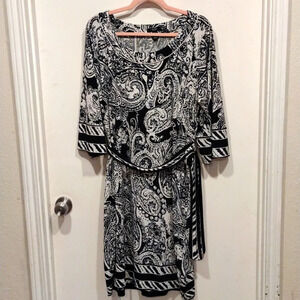 Alfani Women's Black & White Paisley Print Belted Shift Dress Sz 2X-Career Event